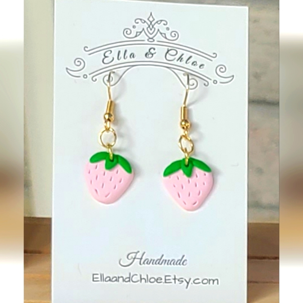 Gold Plated Pink Strawberry Handmade Clay Drop Dangle Earrings Fruit Earrings